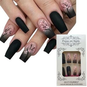Blossom flower black & pink Press-On Oval Nail Set with glue sticker and a file